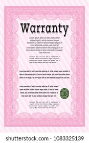 Pink Formal Warranty Certificate template. Vector illustration. With complex background. Cordial design. 