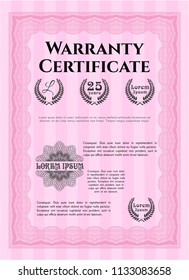 Pink Formal Warranty Certificate template. Detailed. With linear background. Money Pattern. 