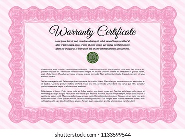 Pink Formal Warranty Certificate template. Detailed. With background. Beauty design. 
