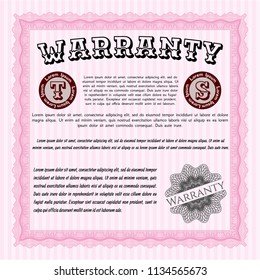 Pink Formal Warranty Certificate template. Beauty design. Detailed. Printer friendly. 