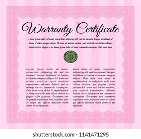 Pink Formal Warranty Certificate template. Complex background. Vector illustration. Sophisticated design. 