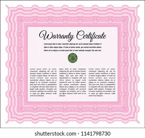 Pink Formal Warranty Certificate template. Sophisticated design. With quality background. Detailed. 