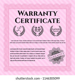 Pink Formal Warranty Certificate template. With guilloche pattern. Lovely design. Vector illustration. 