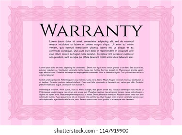 Pink Formal Warranty Certificate template. Detailed. With complex background. Retro design. 