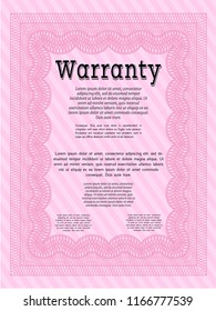 Pink Formal Warranty Certificate template. Detailed. With complex background. Money Pattern design. 