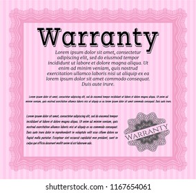 Pink Formal Warranty Certificate template. Money Pattern. With background. Detailed. 