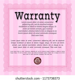 Pink Formal Warranty Certificate template. Cordial design. Printer friendly. Detailed. 