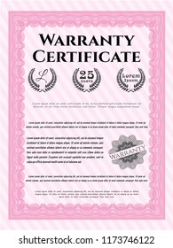 Pink Formal Warranty Certificate template. Money style design. Detailed. With complex linear background. 