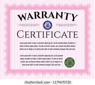 Pink Formal Warranty Certificate template. Detailed. With complex linear background. Modern design. 