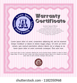 Pink Formal Warranty Certificate template. With complex background. Vector illustration. Superior design. 