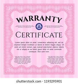 Pink Formal Warranty Certificate template. With linear background. Retro design. Detailed. 