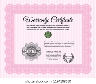 Pink Formal Warranty Certificate template. Cordial design. Printer friendly. Detailed. 