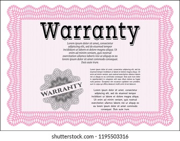 Pink Formal Warranty Certificate template. With great quality guilloche pattern. Nice design. Customizable, Easy to edit and change colors. 