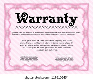 Pink Formal Warranty Certificate template. With background. Artistry design. Detailed. 