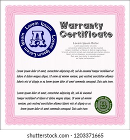 Pink Formal Warranty Certificate template. With guilloche pattern. Modern design. Vector illustration. 