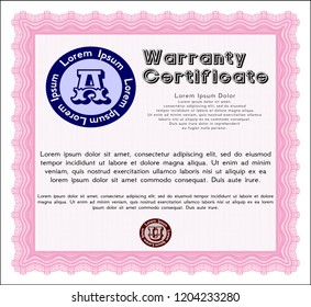 Pink Formal Warranty Certificate template. Printer friendly. Customizable, Easy to edit and change colors. Cordial design. 