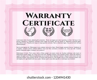 Pink Formal Warranty Certificate template. Superior design. Customizable, Easy to edit and change colors. With background. 