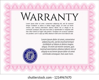 Pink Formal Warranty Certificate template. Printer friendly. Money style design. Detailed. 