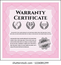 Pink Formal Warranty Certificate template. Vector illustration. With linear background. Money Pattern design. 