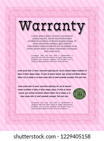 Pink Formal Warranty Certificate template. Perfect design. Detailed. With guilloche pattern. 