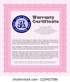 Pink Formal Warranty Certificate template. Vector illustration. Printer friendly. Sophisticated design. 