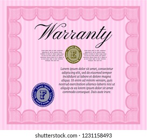 Pink Formal Warranty Certificate template. Customizable, Easy to edit and change colors. With background. Modern design. 