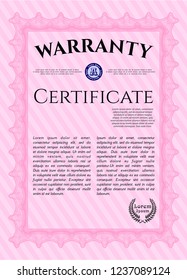 Pink Formal Warranty Certificate template. With complex background. Customizable, Easy to edit and change colors. Superior design. 