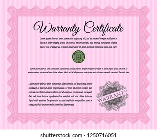 Pink Formal Warranty Certificate template. With guilloche pattern and background. Customizable, Easy to edit and change colors. Elegant design. 