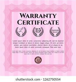 Pink Formal Warranty Certificate template. Cordial design. Customizable, Easy to edit and change colors. With quality background. 