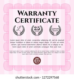 Pink Formal Warranty Certificate template. With complex background. Vector illustration. Money style design. 