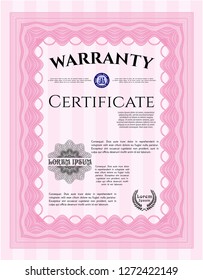 Pink Formal Warranty Certificate template. Retro design. With guilloche pattern and background. Vector illustration. 