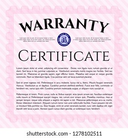 Pink Formal Warranty Certificate template. Good design. With great quality guilloche pattern. Vector illustration. 