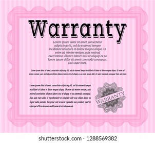 Pink Formal Warranty Certificate template. With guilloche pattern. Detailed. Elegant design. 