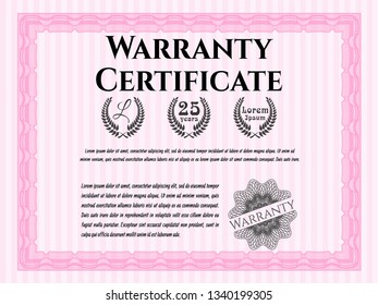 Pink Formal Warranty Certificate template. Vector illustration. With linear background. Money Pattern. 