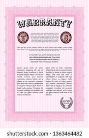 Pink Formal Warranty Certificate template. Perfect design. Vector illustration. Easy to print. 