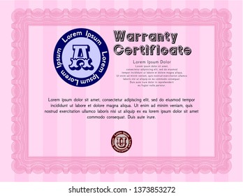 Pink Formal Warranty Certificate template. Modern design. With guilloche pattern. Customizable, Easy to edit and change colors. 