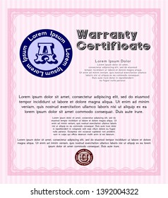 Pink Formal Warranty Certificate template. With great quality guilloche pattern. Customizable, Easy to edit and change colors. Money design. 