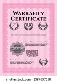 Pink Formal Warranty Certificate template. With great quality guilloche pattern. Nice design. Customizable, Easy to edit and change colors. 