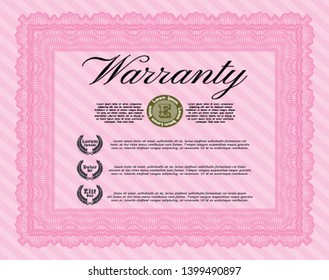 Pink Formal Warranty Certificate template. Money style design. Vector illustration. With complex background. 