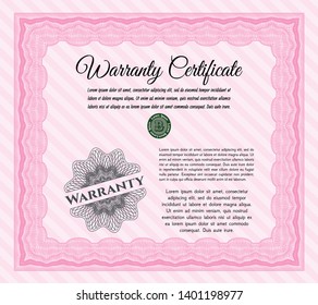 Pink Formal Warranty Certificate template. With great quality guilloche pattern. Lovely design. Detailed. 