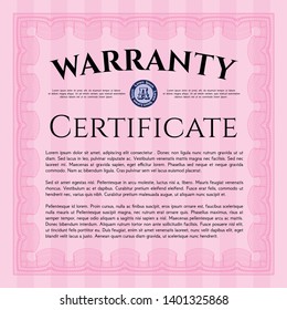 Pink Formal Warranty Certificate template. With complex linear background. Sophisticated design. Vector illustration. 