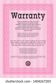 Pink Formal Warranty Certificate template. Cordial design. Detailed. With linear background. 