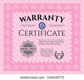 Pink Formal Warranty Certificate template. Printer friendly. Detailed. Money design. 