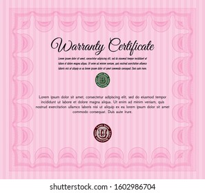 Pink Formal Warranty Certificate template. Money design. Detailed. With linear background. 