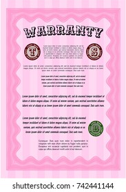 Pink Formal Warranty Certificate template. Money Pattern. Customizable, Easy to edit and change colors. With background. 