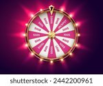Pink fortune wheel at backlight color realistic vector illustration. Gambling game chances. Casino roulette 3d object on rouge background