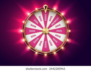 Pink fortune wheel at backlight color realistic vector illustration. Gambling game chances. Casino roulette 3d object on rouge background