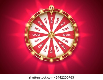 Pink fortune wheel at backlight color realistic vector illustration. Gambling game chances. Casino roulette 3d object on rouge background