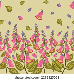 Pink foxglove flowers horizontal align, striped repeated pattern. Colourful seamless background. Suitable for textile, fabric, various DIY and decorative projects.