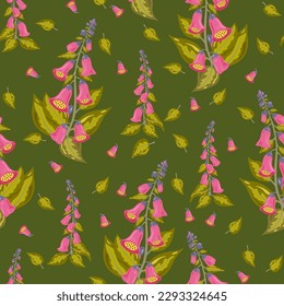 Pink foxglove flowers repeated pattern. Colourful seamless background. Suitable for textile, fabric, various DIY and decorative projects.